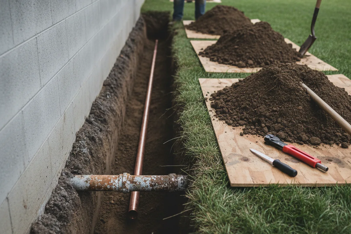 Excavated water line trench during Sewer Line Repair in Arley